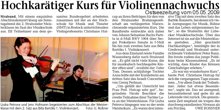 Pressemeldung zur Stralsunder Meisterklasse für Violine im Mai 2009