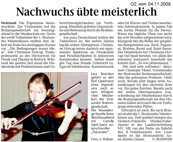 Pressemeldung zur 1. Stralsunder Meisterklasse fr Violine
