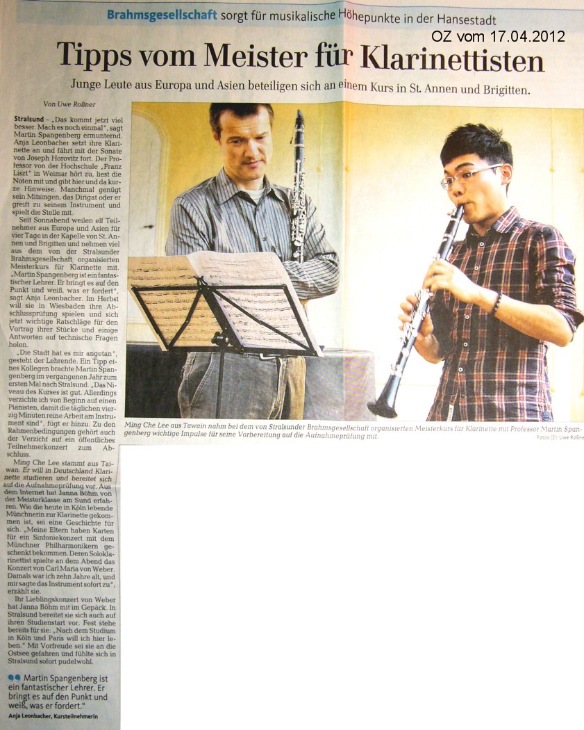 Artikel der Ostseezeitung zum Meisterkurs fr Klarinette mit Prof. Martin Spangenberg in St. Annen und Brigitten