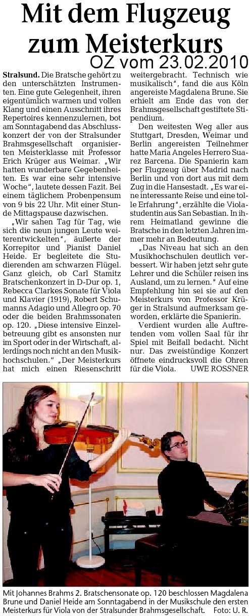 Pressemeldung zur Stralsunder Meisterklasse fr Viola 2010