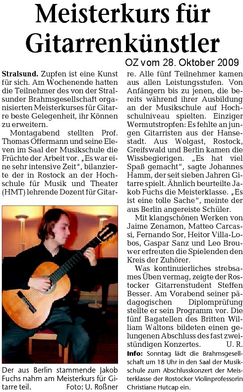 Pressemeldung zur Stralsunder Meisterklasse für Gitarre 2009